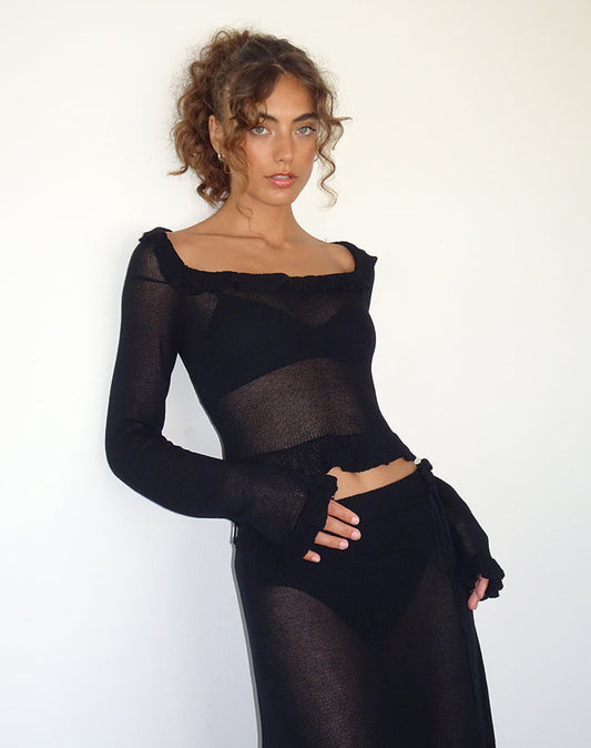 Ayako Frill Fine Knit Top in Black
