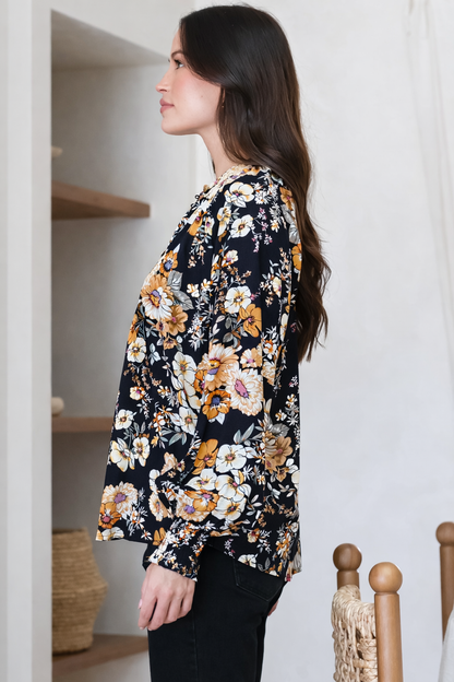 Adora Top - Mandarin Collar Button-Down with Long Balloon Sleeves in Autumn Print