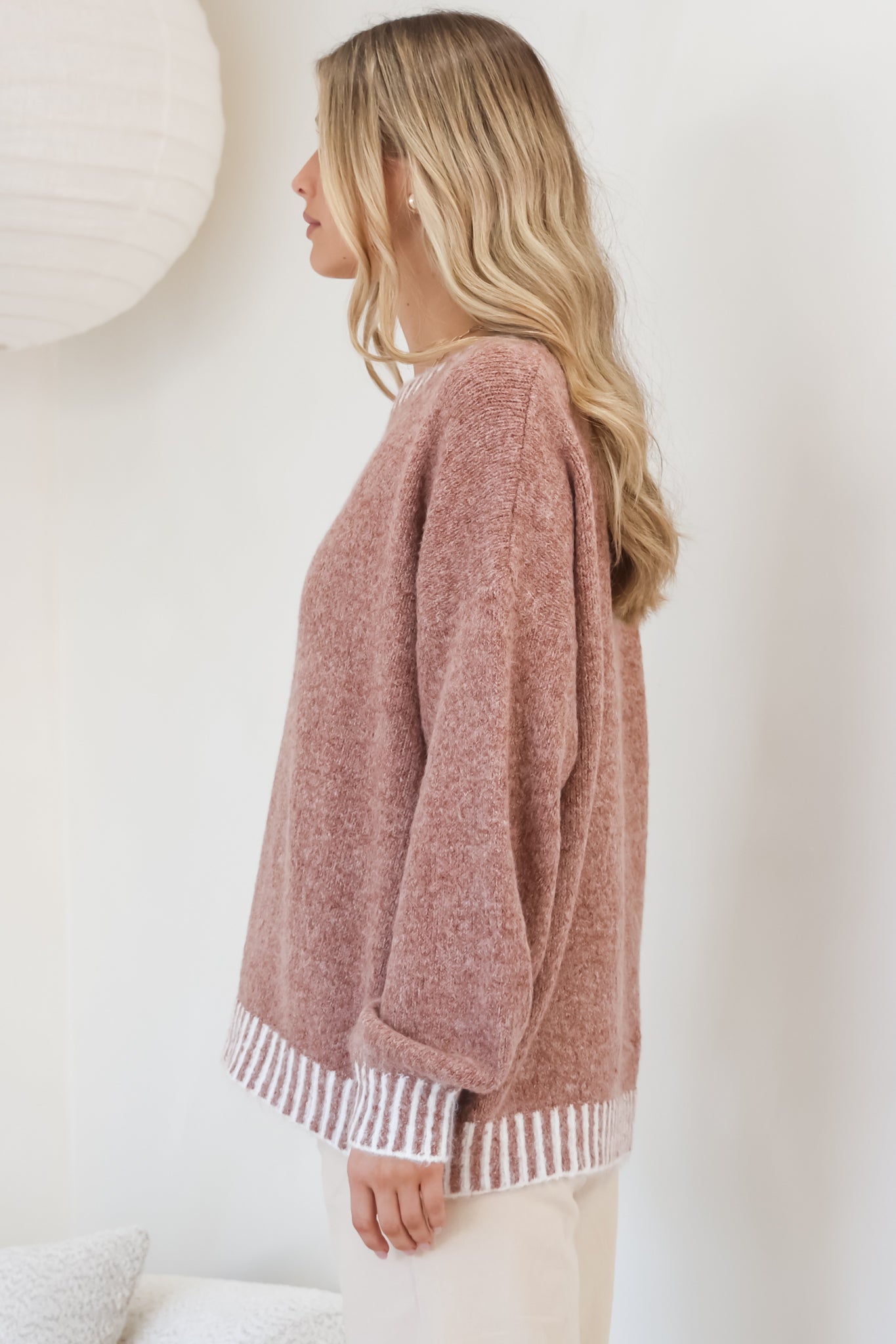 Aura Jumper - Crew Neck Jumper with Contrast Stripe Trim in Cinnamon