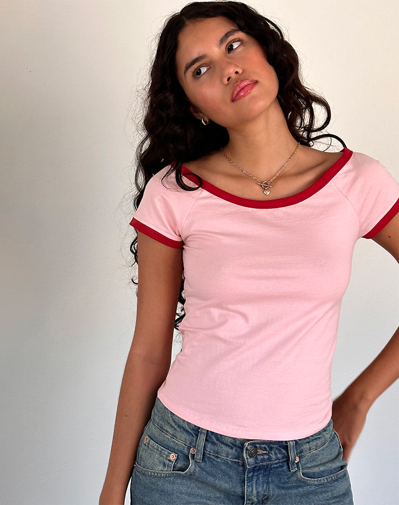 Bitha Top in Ballet Pink with Adrenaline Red Binding