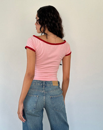 Bitha Top in Ballet Pink with Adrenaline Red Binding
