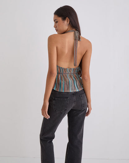 Brienne Top in Blue and Brown Shimmer Sheer Plisse