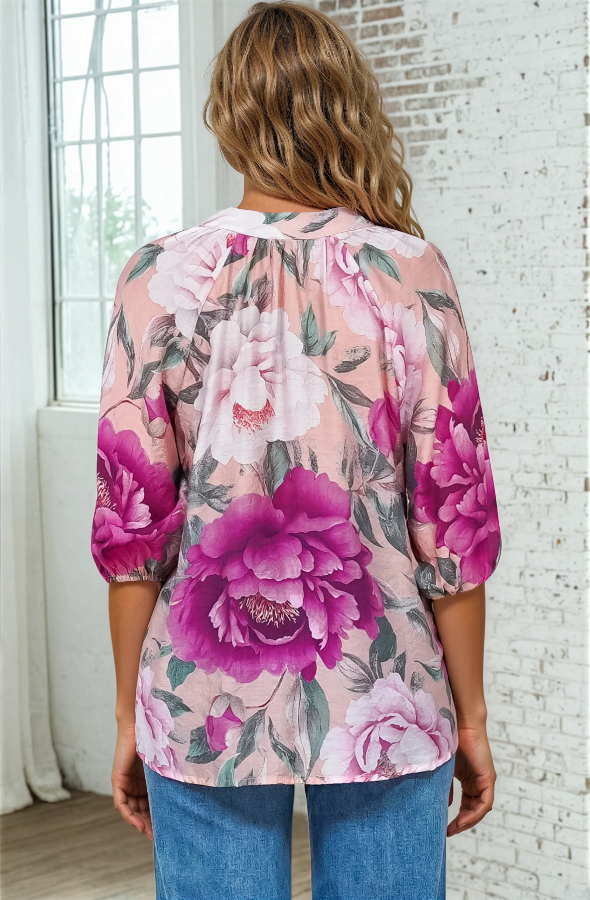 Cecilia Blouse - Mandarin Collar Button-Down with Half Balloon Sleeves in Tiana Print Pink