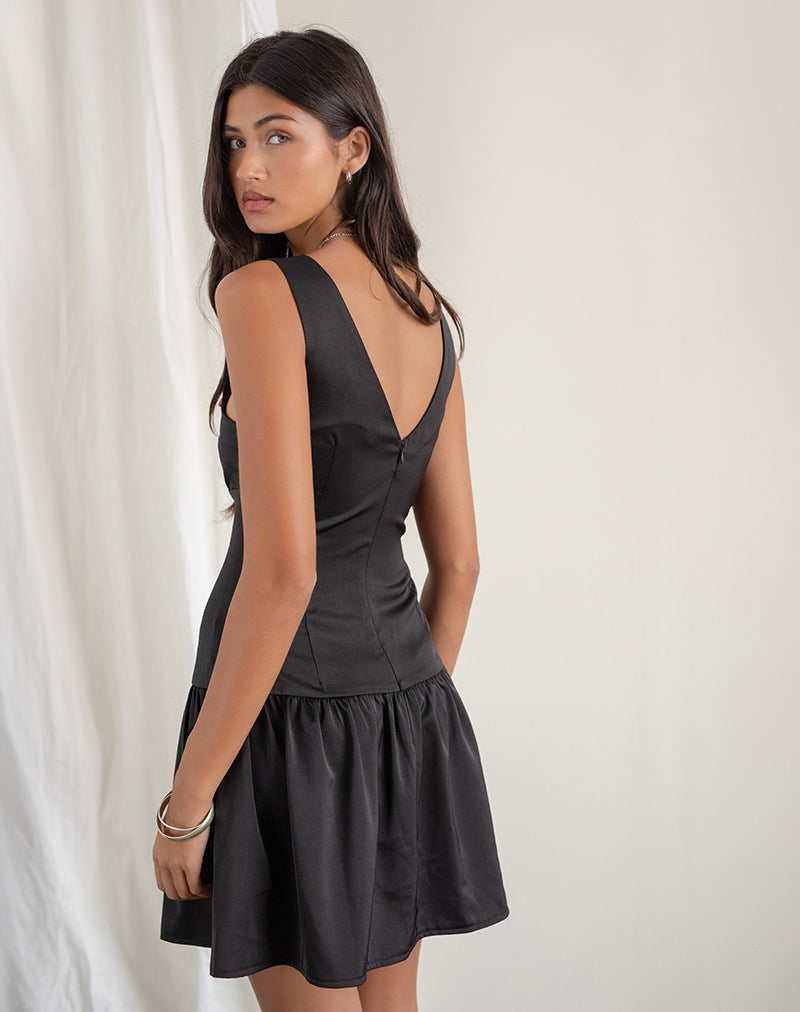 Distia Plunge Puff Mini Dress in Black