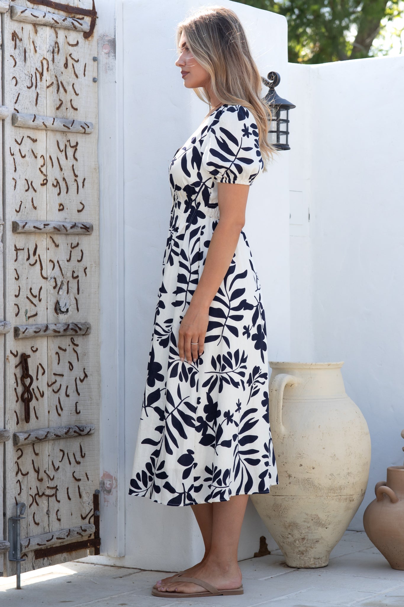 Jillie Midi Dress - V Neck Button Down Dress with Pockets in Avaria Print