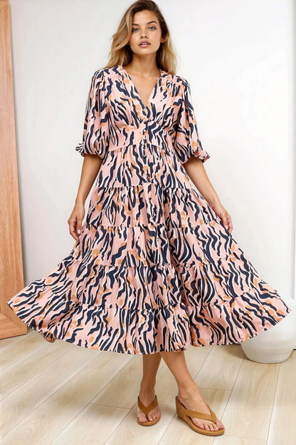 Milly Midi Dress - Tiered Button Down 3/4 Sleeve Dress in Zimmi Print