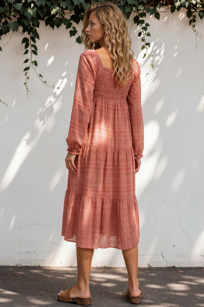 Teva Midi Dress - Square Neckline Dress with Pockets in Light Coral